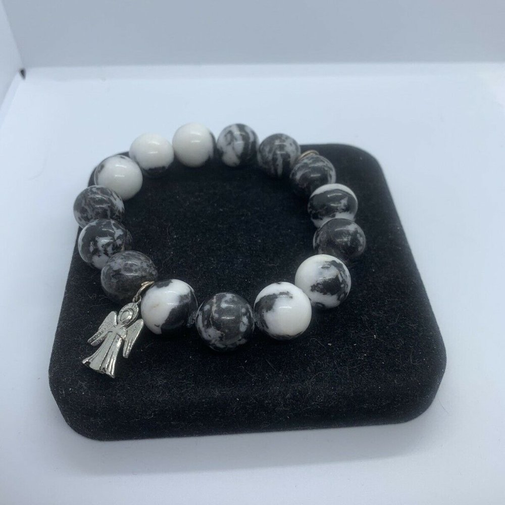 Power Beads By Jen Faux Marble Black & White Chunky Beaded Bracelet W/Angel